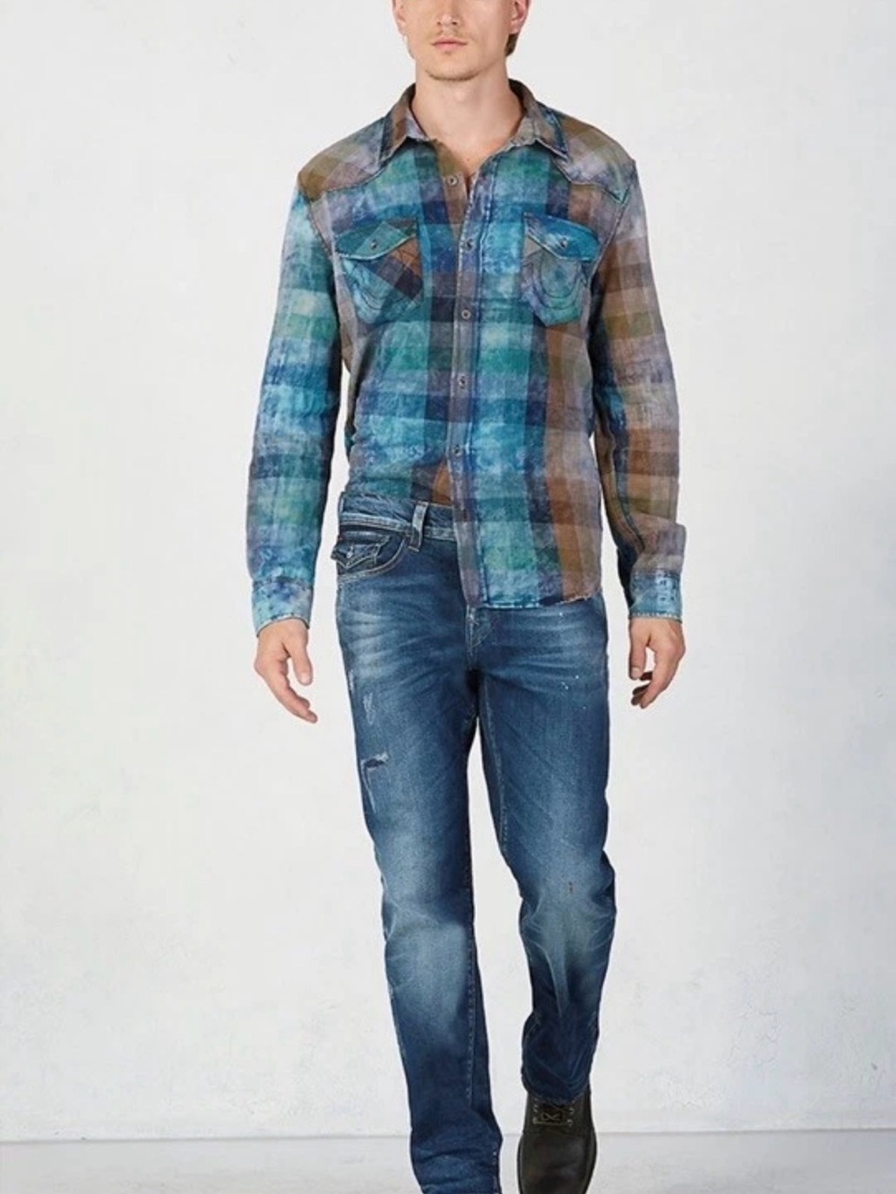 TRUE RELIGION Western Plaid MENS Shirt Ace Size Medium Blue Tan Acid Washed